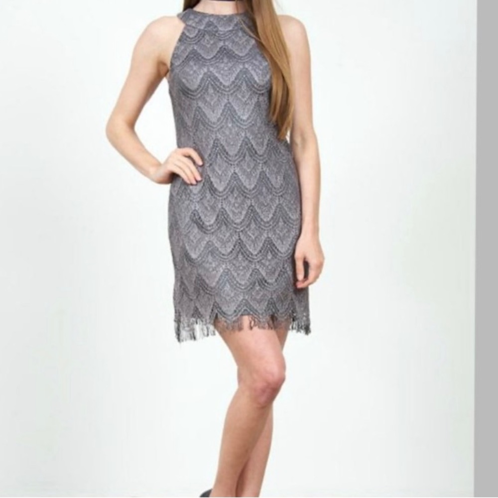 1920s style Silver Gray Crochet Fringe Cocktail Dress
